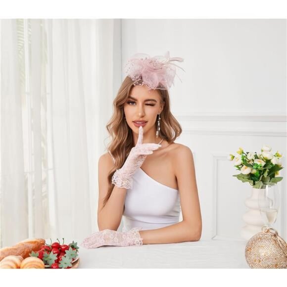 Fascinator Hat Veil Feather Pink main image 5